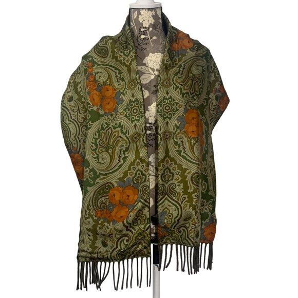 Reversible Army Green Wool w/ Silk Paisley Fringe Opera Scarf Made In Italy EUC - Picture 3 of 5